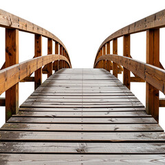 Fototapeta premium Wooden pedestrian bridge with curved handrails and plank flooring, isolated on black background, showing detailed grain and texture of the wood