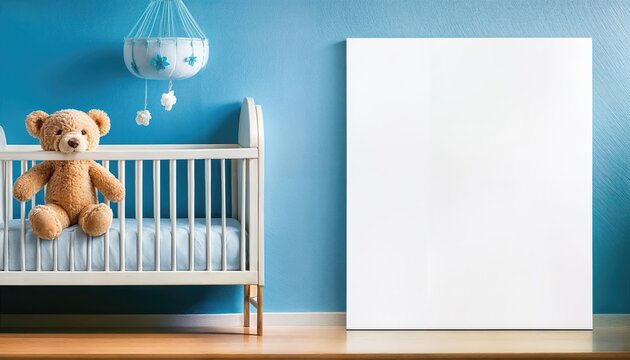 Cozy Cabinet Scene Adorable Plush Toy Stored Near Mockup Poster and Cradle, with a Distant Cradle in Soft Light, Invoking a Tender Atmosphere of Nurturing and Anticipation.