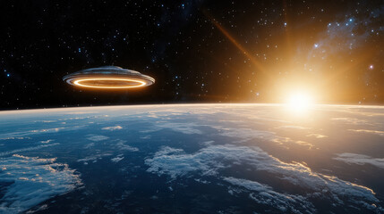 Futuristic spacecraft gliding through space, illuminated by distant sun