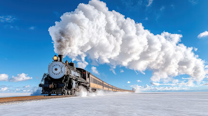 Obraz premium Old steam locomotive billowing smoke into blue sky, creating nostalgic scene of travel