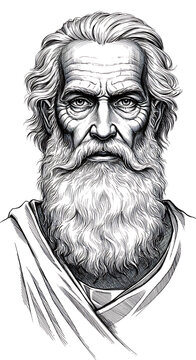 Black and white digital portrait of a wise elderly man with long white beard and intense eyes, featuring realistic wrinkles, flowing hair, and classical robe on plain white background