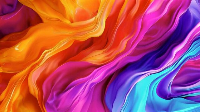 Abstract swirls of vibrant orange, pink, purple, and blue hues create a dynamic, flowing textile-like pattern.