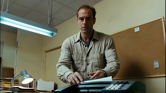 Stressed Businessman Waiting for Fax Machine to Print (AI Video)