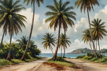 Fototapeta premium A row of coconut trees along a coastal road in watercolor style