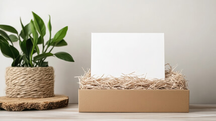 Simple gift box with shredded filler and blank card sits wooden surface, surrounded by greenery