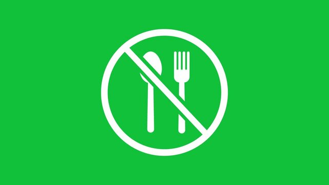 no food animated spoon and fork not allowed dinner utensil symbol prohibition crossed circle in green screen background