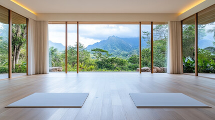 Obraz premium Serene yoga studio with open space, featuring two mats and stunning mountain view