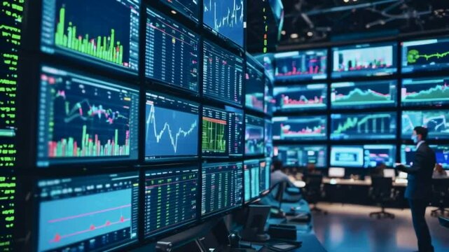 A lone trader monitors financial data displayed on numerous large screens in a modern trading room.