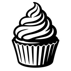 Elegant Black and White Cupcake Vector Icon with Swirled Frosting - Perfect for Bakeries, Cafes, and Sweet Treat Designs