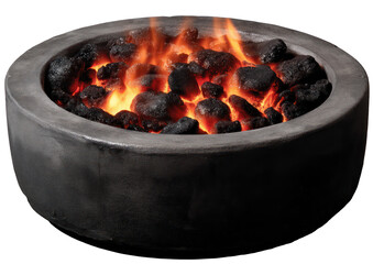 Cozy fire pit with burning coals in a concrete bowl against a dark background