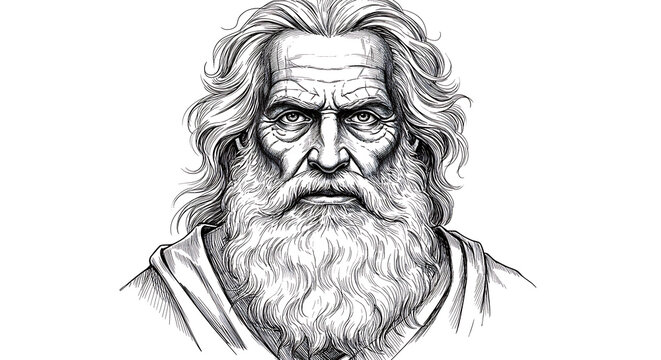 Realistic digital sketch of a bearded old man with profound gaze, detailed wrinkles, and flowing hair, stylized in grayscale against minimal white space
