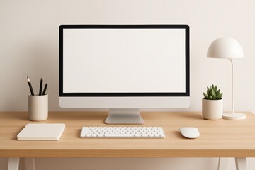 Fototapeta premium Minimalist Home Office Setup with Computer, Lamp, and Plants