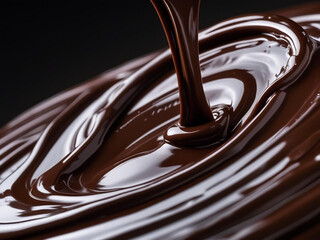 Close-up of delicious molten dark chocolate pouring and swirling against a white background