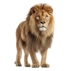 A majestic lion standing tall with a full mane against a stark black background in a portrait view