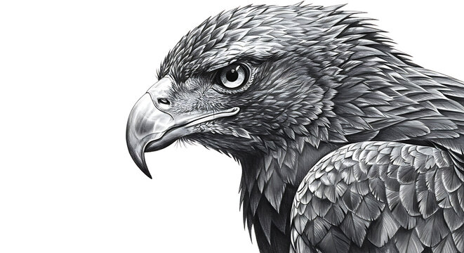 Realistic monochrome pencil drawing of an eagle showing detailed plumage, strong beak, and fierce gaze, right-aligned composition on minimalist white background
