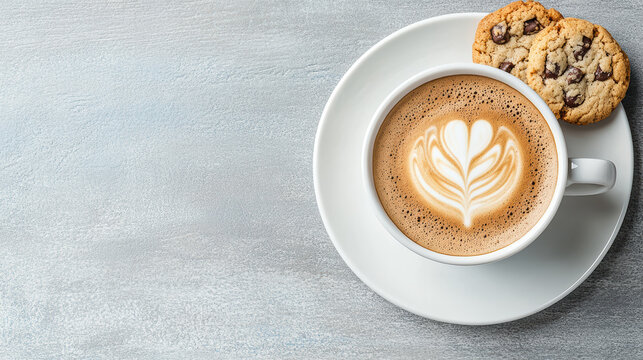 Aromatic coffee with latte art and two chocolate chip cookies on light plate