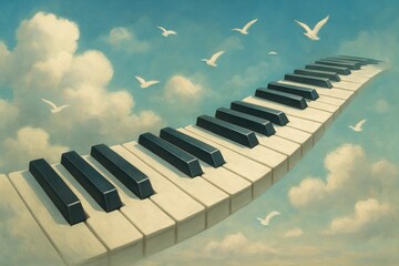 A Surreal Landscape of a Floating Piano Keyboard Amidst a Dreamy Sky and Soaring Birds