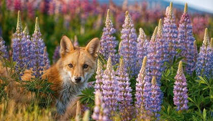 Mystical Moment A Red Fox Gaze from Umnak Island, Alaskas Aleutian Isles, Amidst Purple Lupine Blooms under Twilights Enchanting Glow