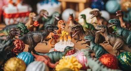 Obraz premium Dinosaur Toys Forming a Circle Celebrating Birthday with Cake in the Center