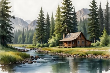 Obraz premium A rustic cabin nestled in a river valley surrounded by trees in watercolor style