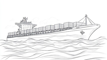 A grayscale illustration of a large cargo ship sailing on wavy seas