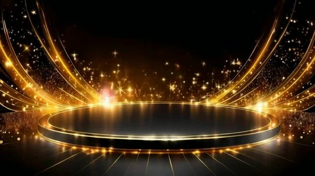A golden, sparkling, circular platform on a dark background, ideal for a presentation or award ceremony.