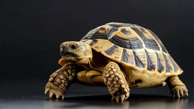 Close-up of a Tortoise walking slowly on a dark background. The reptile has a patterned shell and textured legs, focus on the detail of its moving face.
