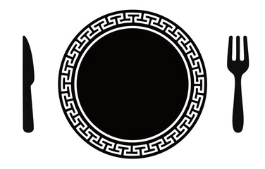 silhouette of spoon, fork and plate with ornamental motif on the side
