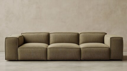 Light green armless modern sofa placed with symmetry on polished concrete in a soft-lit room