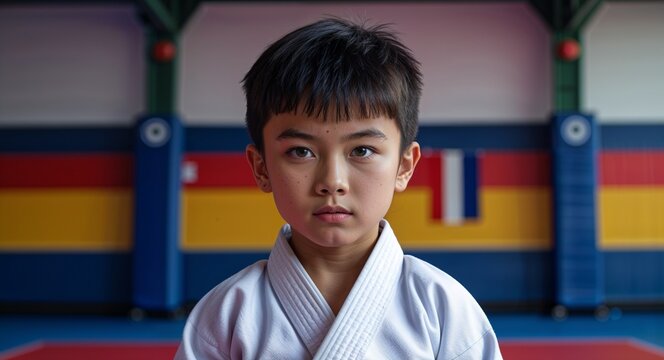 kid child Asian boy in judo gym background sports concept uniform portrait model photoshoot