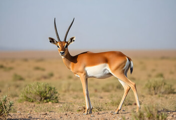Naklejka premium Solitary antelope standing on dry savanna terrain with blurred background
