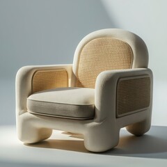 Modern organic armchair with rattan accents