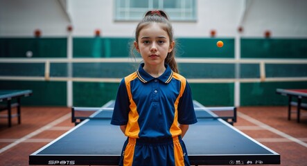 kid child Caucasian girl in table tennis hall background sports concept uniform portrait model photoshoot