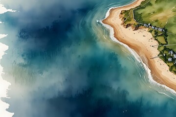 Aerial view of a coastline under a clear sky in watercolor style