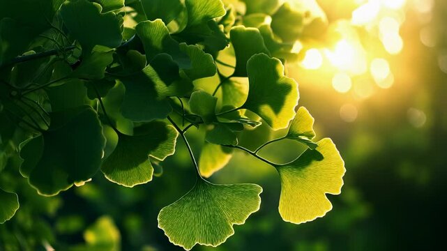 Ginkgo biloba leaves bathed in radiant sunlight,symbolizing vitality
