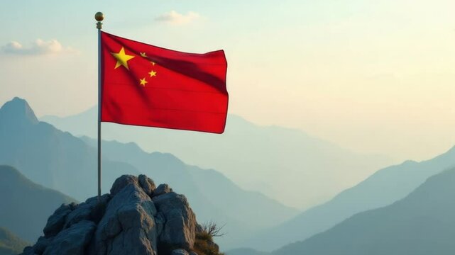 Chinese flag waves atop a rocky mountain peak, set against a backdrop of misty, layered mountain ranges. National pride and natural beauty, ideal for travel and cultural promotions.