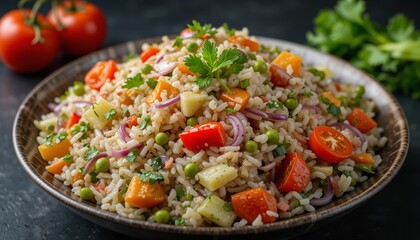 Fresh salad with rice and vegetable on a dark background.