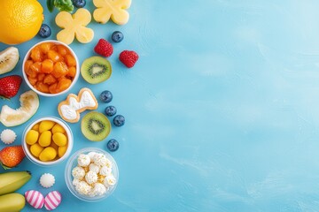 fruit summer beach concept. Colorful array of fruits and snacks on a blue background.