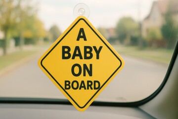 Safety First "A Baby on Board" Triangle Yellow Sign in a Family Car Road Trip Fun Inside View