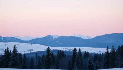 Obraz premium Flat winter landscape banner Snowy hills, mountains, fir trees silhouettes against a pale sky Christmas scene panorama, christmas, cold weather