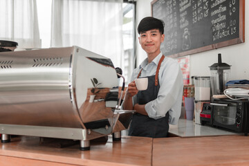 Skilled barista brewing coffee, modern , lifestyle photography, vibrant atmosphere, close-up view