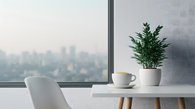 A cup of coffee sits on a clean white table with a small potted plant next to a window overlooking a hazy cityscape in a modern minimalist setting.