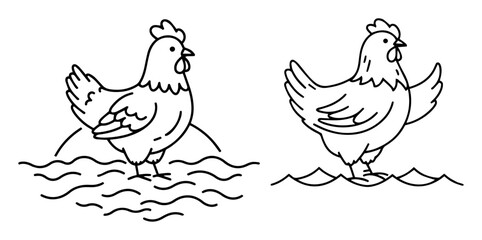 Fototapeta premium chickens walking in water outline vector drawing