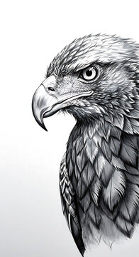 Artistic black and white eagle portrait sketch with high realism, textured feathers, intense stare, and spacious composition for print or editorial illustration use