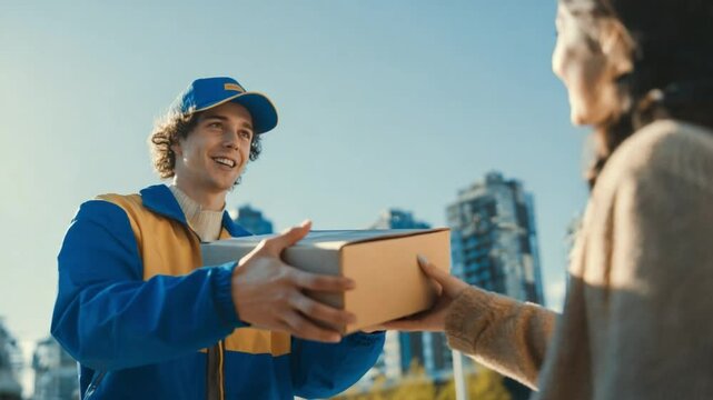 Delivery Moment: A friendly delivery person hands a package to a satisfied recipient against a backdrop of an urban landscape and blue sky.