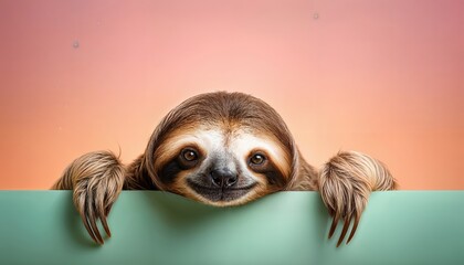 Obraz premium Sloth Peeking Over Pastel Backdrop at Twilight A Serene Moment in Time, Capturing the Tranquility and Peace of the Amazon Rainforest.