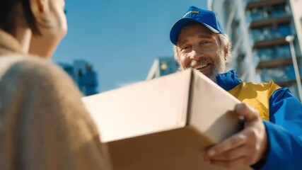 Speedy Delivery: A cheerful courier hands a neatly wrapped package to a customer, symbolizing timely deliveries and exceptional service. Capturing the moments of convenience and professional services.