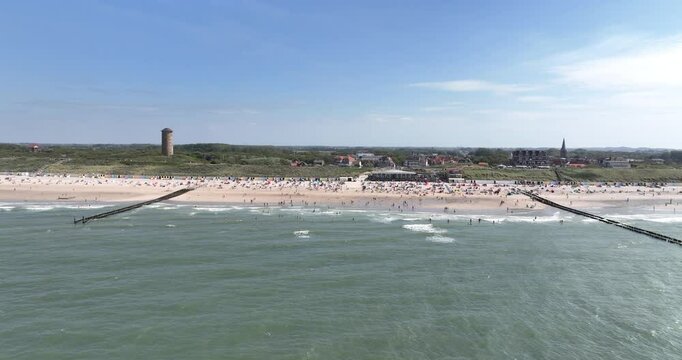 domburg, small village recreational, sea coast line, beach in Zeeland. Aerial view.