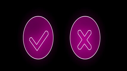 Neon successful symbol, check mark, tick mark. Neon approve and Reject icon.
