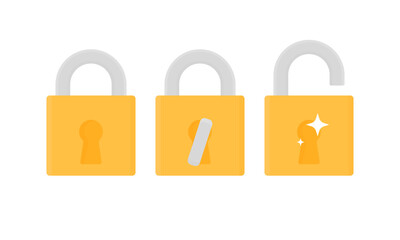 Closed lock, lock opened by key and open lock. Concept of information security etc.